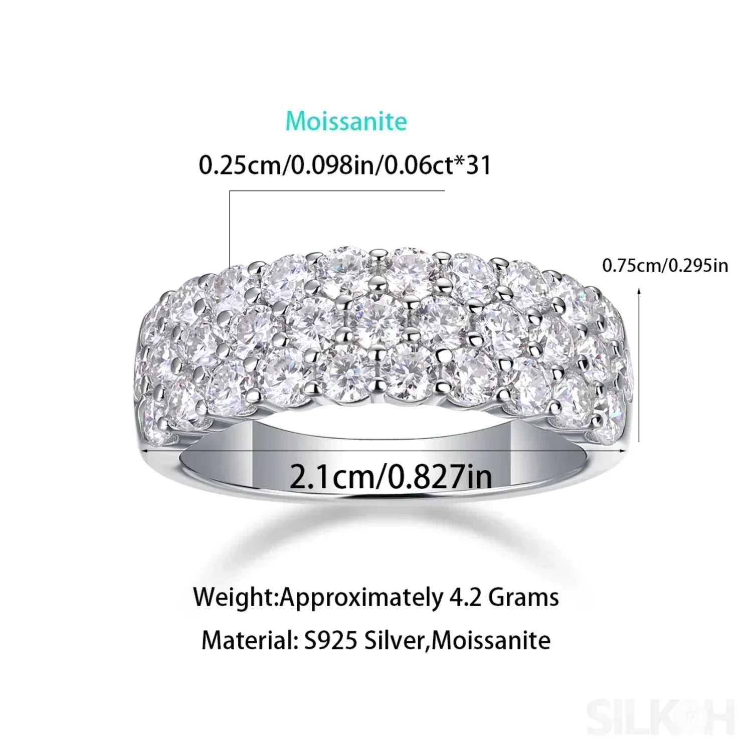 1.8 Carat Moissanite Sterling Silver Pave Triple Row Ring Amaya
