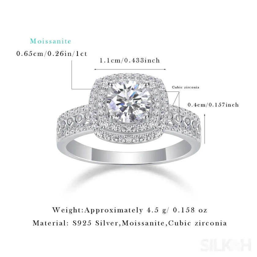 1 Carat Round Cut Moissanite Sterling Silver Halo Engagement Ring Alani