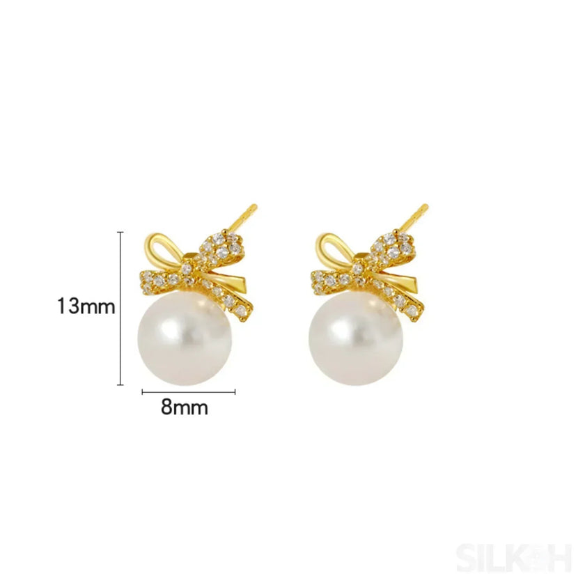 18K Gold Plated Sterling Silver Pearl Bow Earrings Pat