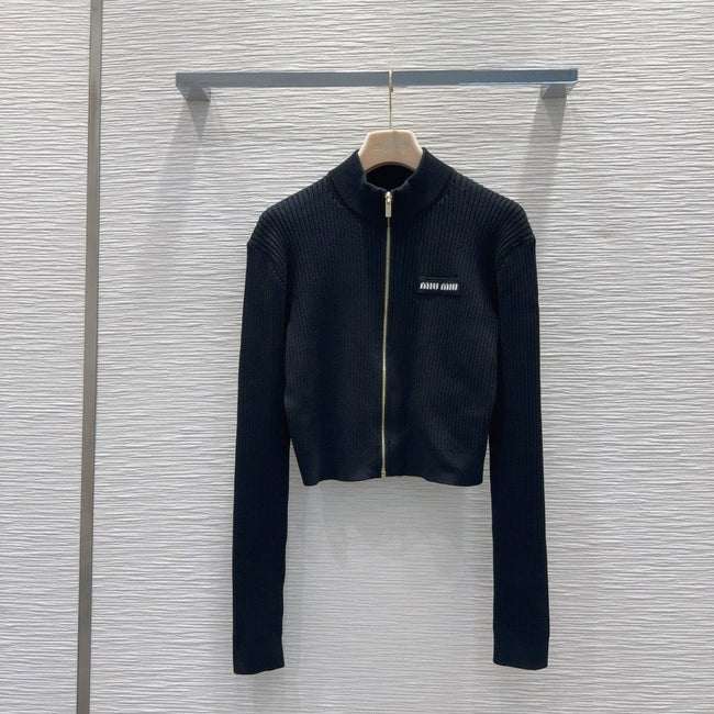 Zip-Up Cropped Ribbed Cardigan