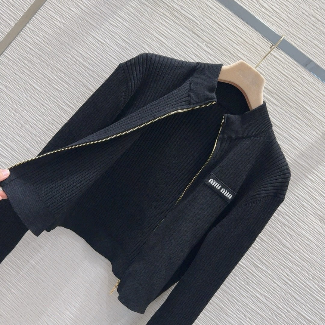 Zip-Up Cropped Ribbed Cardigan