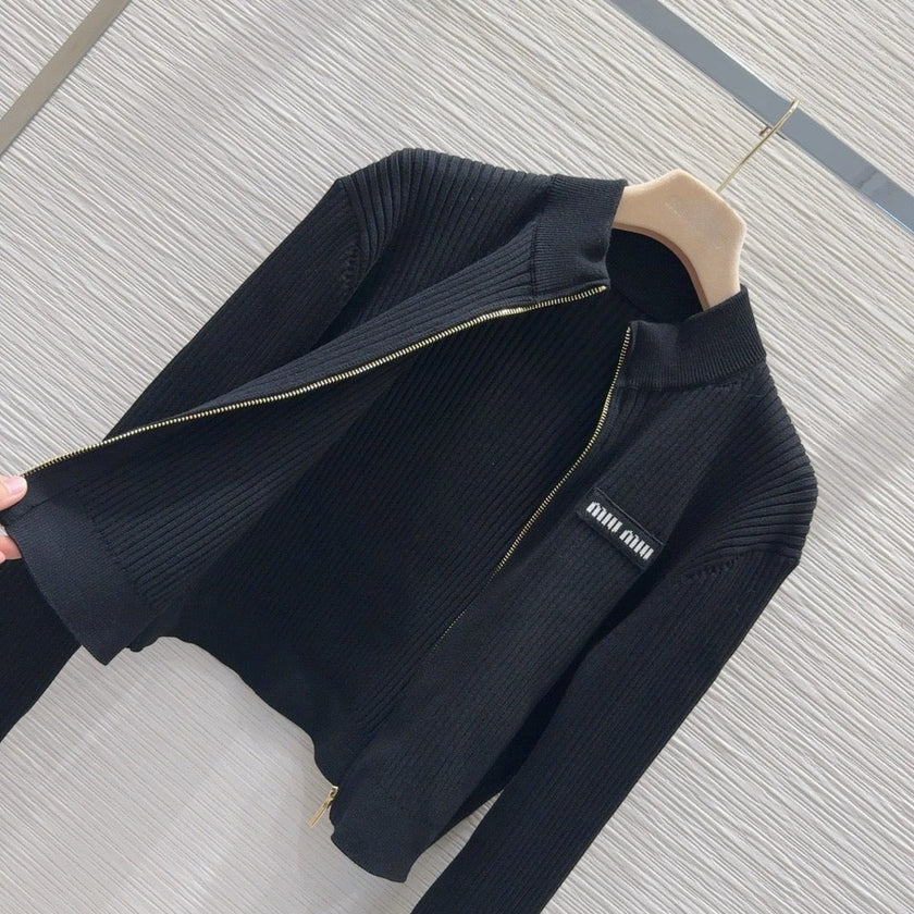 Zip-Up Cropped Ribbed Cardigan