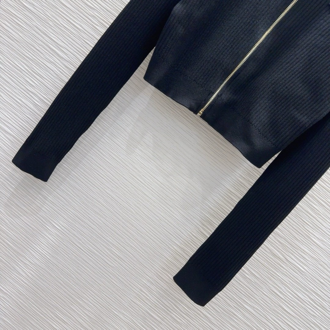 Zip-Up Cropped Ribbed Cardigan
