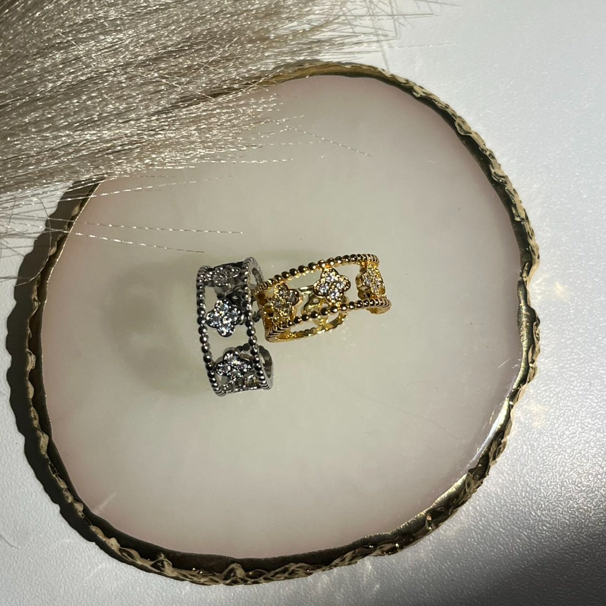 Crystal Clover Adjustable Ring | Stainless Steel