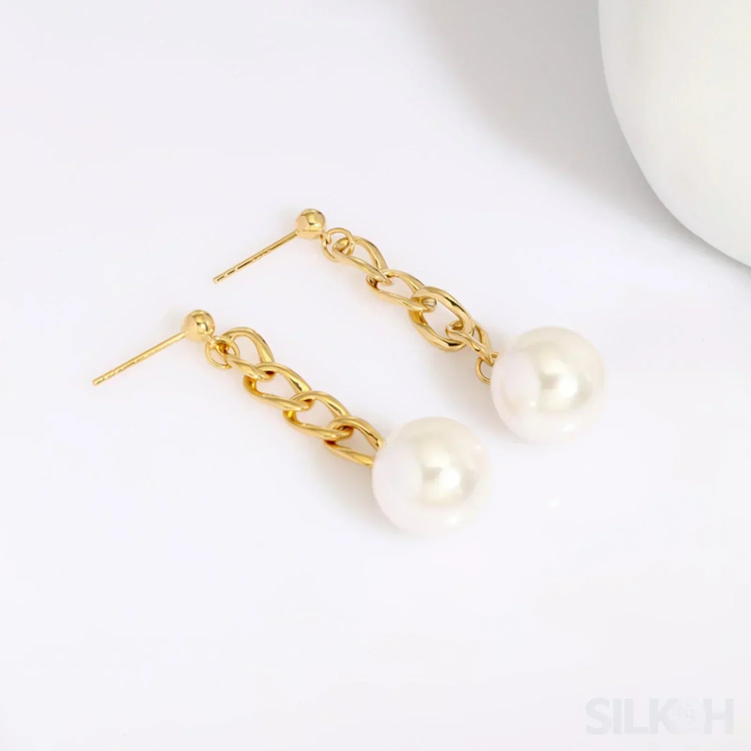 Chain Links 14K Gold Plated Sterling Silver Pearl Dangle Earrings Luz
