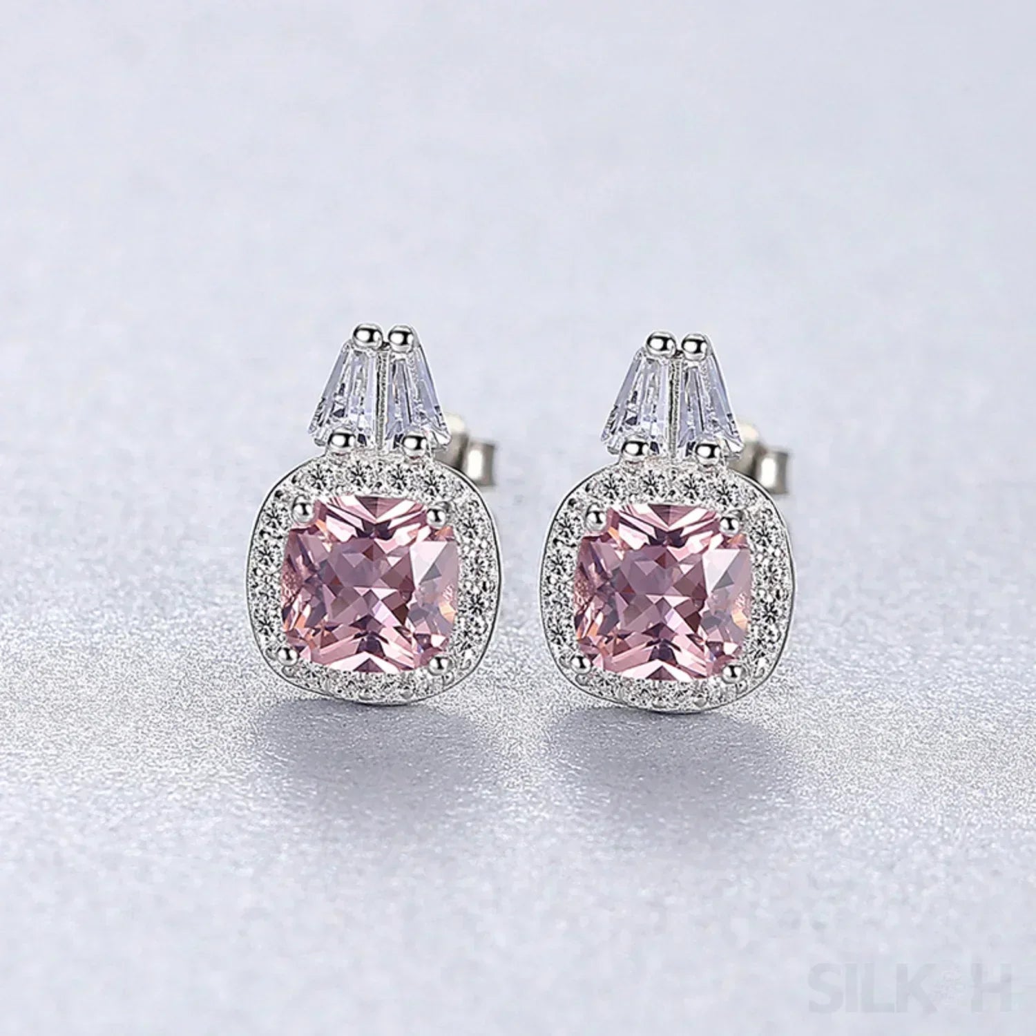 Cushion Cut Sterling Silver Pink Morganite Studs Earrings Allison