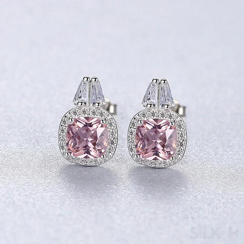 Cushion Cut Sterling Silver Pink Morganite Studs Earrings Allison