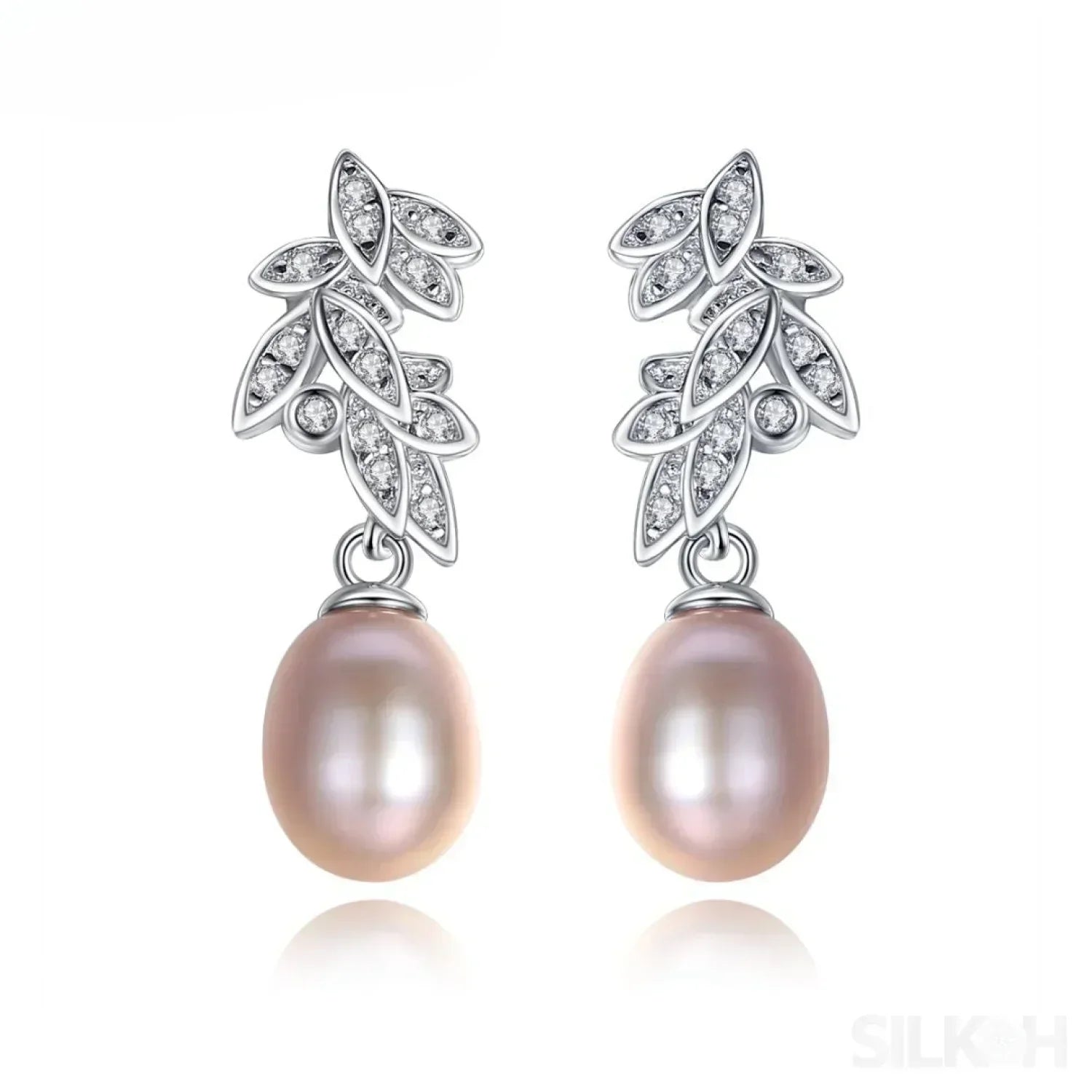 CZ Leaves Sterling Silver Pearl Dangling Earrings Cal