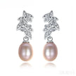 CZ Leaves Sterling Silver Pearl Dangling Earrings Cal