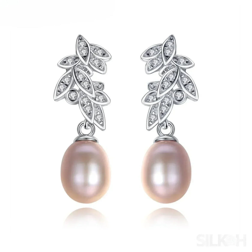 CZ Leaves Sterling Silver Pearl Dangling Earrings Cal