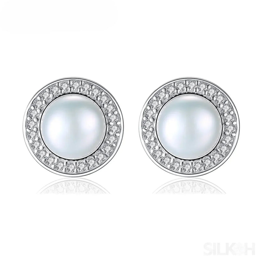 Halo Sterling Silver Natural Pearl wedding Jewelry Set Ann