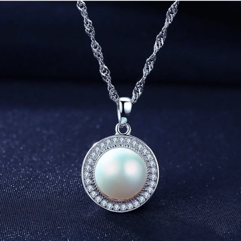 Halo Sterling Silver Natural Pearl wedding Jewelry Set Ann