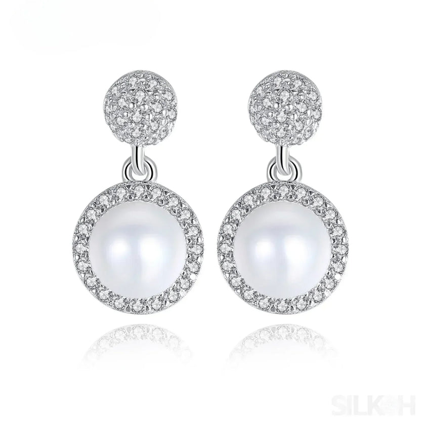 Micropaved Cubic Zirconia Sterling Silver Pearl Bridal Jewelry Set Ana