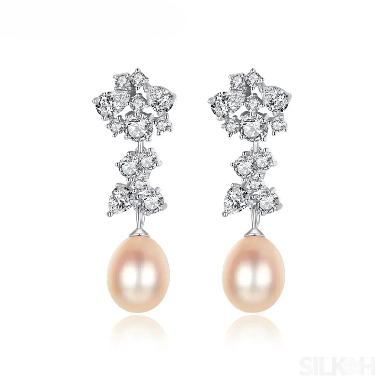 Oval Sterling Silver Long Pearl Drop Earrings For Brides and Bridesmaids Bea