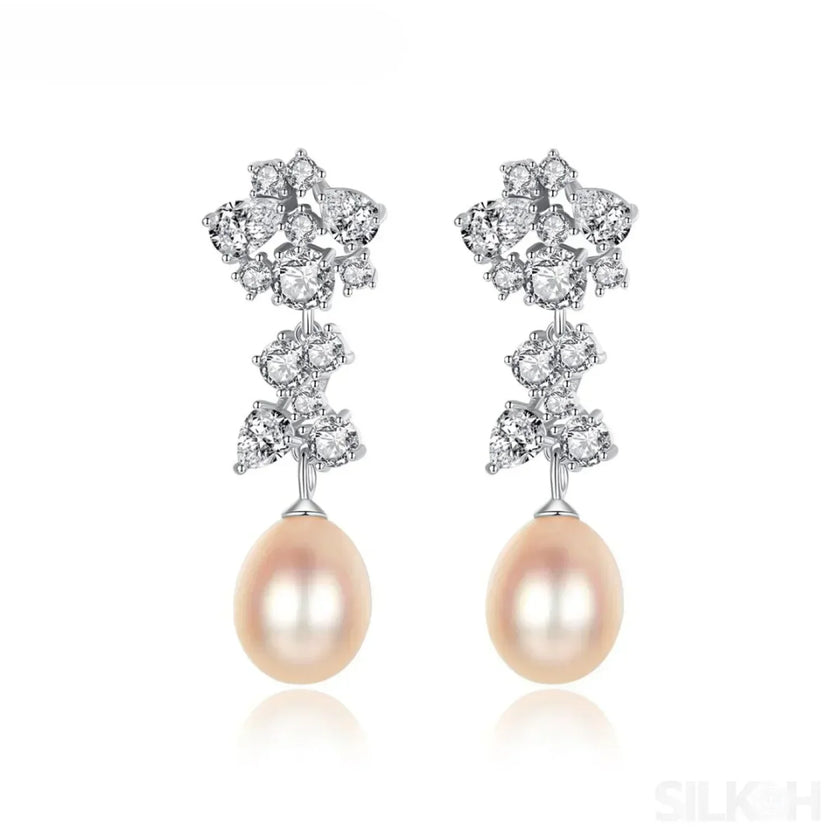 Oval Sterling Silver Long Pearl Drop Earrings For Brides and Bridesmaids Bea