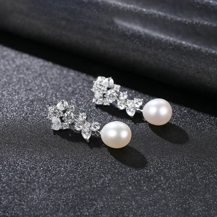 Oval Sterling Silver Long Pearl Drop Earrings For Brides and Bridesmaids Bea