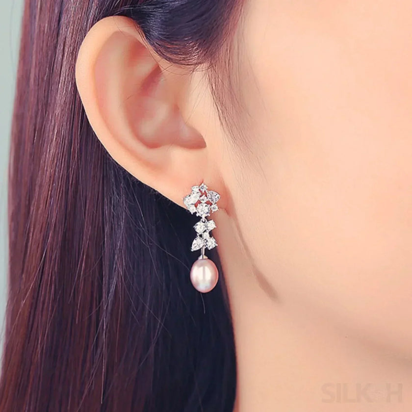 Oval Sterling Silver Long Pearl Drop Earrings For Brides and Bridesmaids Bea
