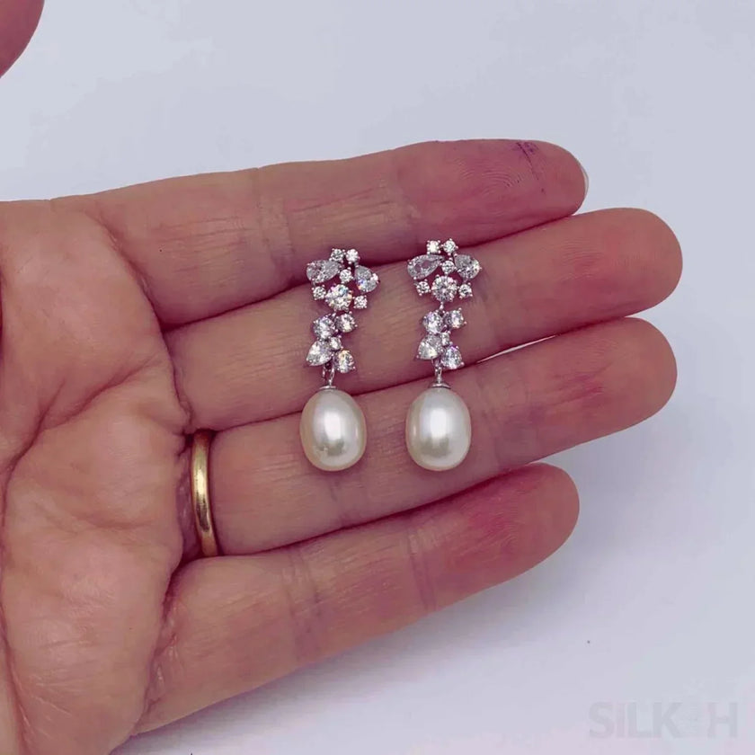 Oval Sterling Silver Long Pearl Drop Earrings For Brides and Bridesmaids Bea