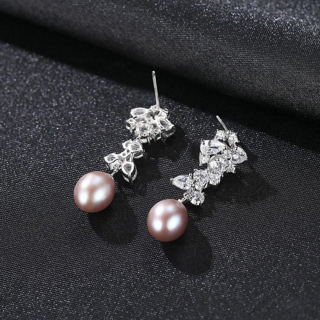 Oval Sterling Silver Long Pearl Drop Earrings For Brides and Bridesmaids Bea