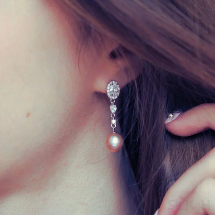Oval Sterling Silver Long Pearl Earrings For brides and Bridesmaids Amy