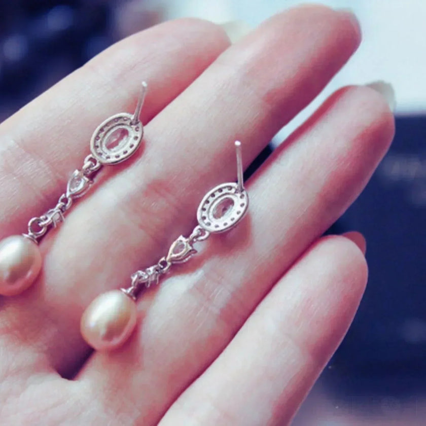 Oval Sterling Silver Long Pearl Earrings For brides and Bridesmaids Amy