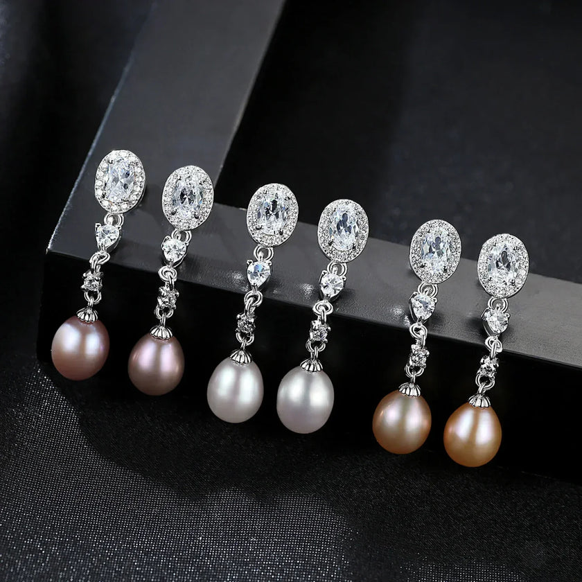 Oval Sterling Silver Long Pearl Earrings For brides and Bridesmaids Amy