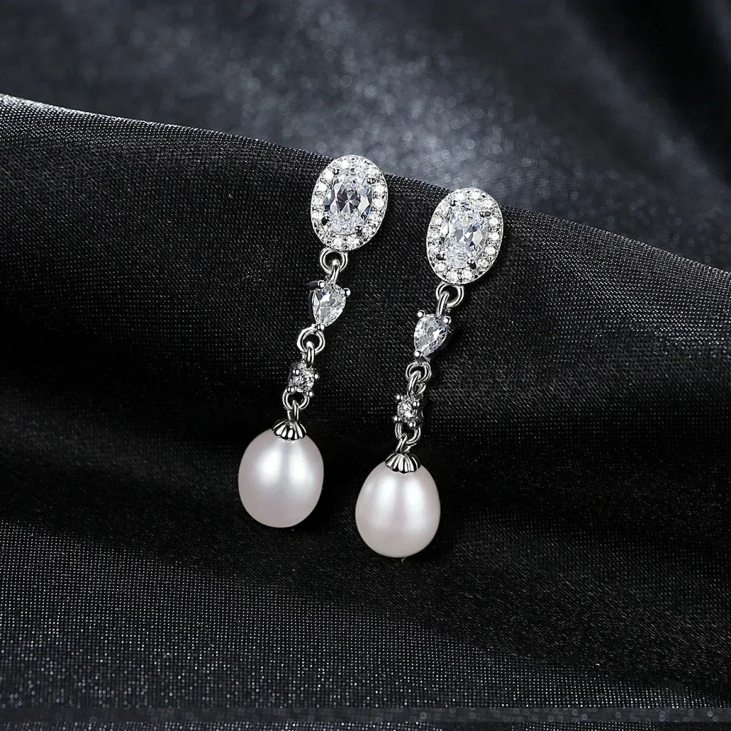 Oval Sterling Silver Long Pearl Earrings For brides and Bridesmaids Amy