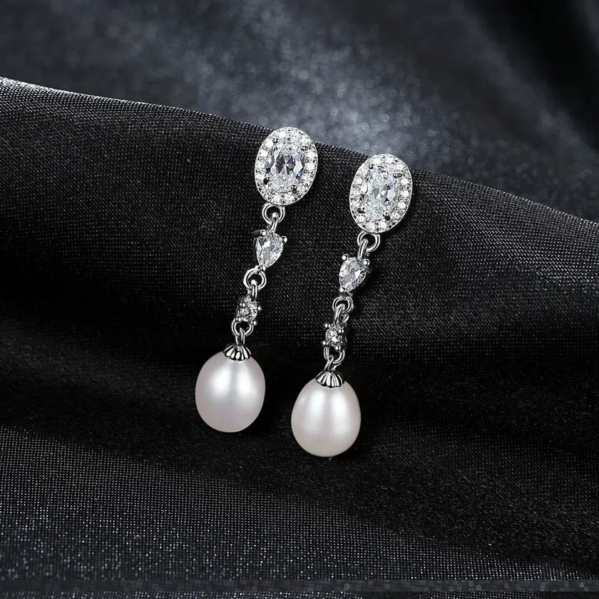 Oval Sterling Silver Long Pearl Earrings For brides and Bridesmaids Amy