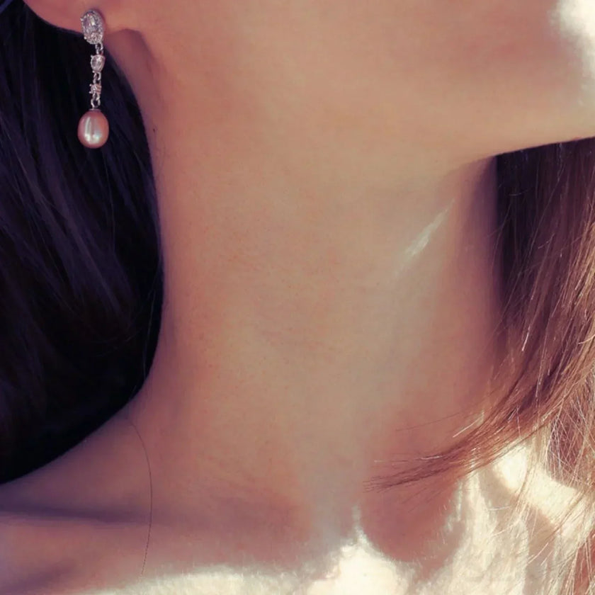 Oval Sterling Silver Long Pearl Earrings For brides and Bridesmaids Amy