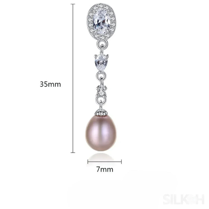 Oval Sterling Silver Long Pearl Earrings For brides and Bridesmaids Amy