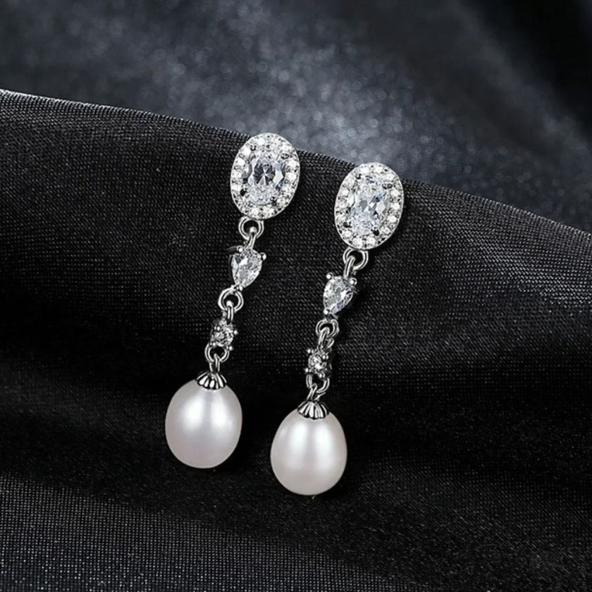 Oval Sterling Silver Long Pearl Earrings For brides and Bridesmaids Amy
