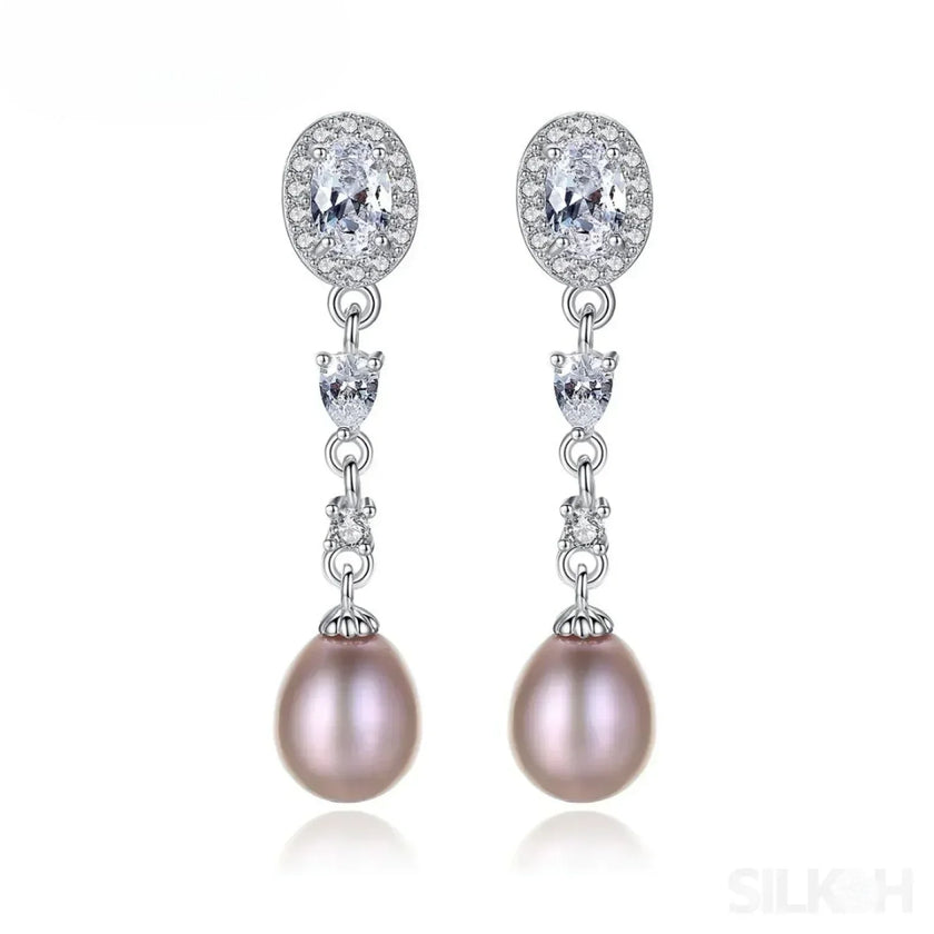Oval Sterling Silver Long Pearl Earrings For brides and Bridesmaids Amy