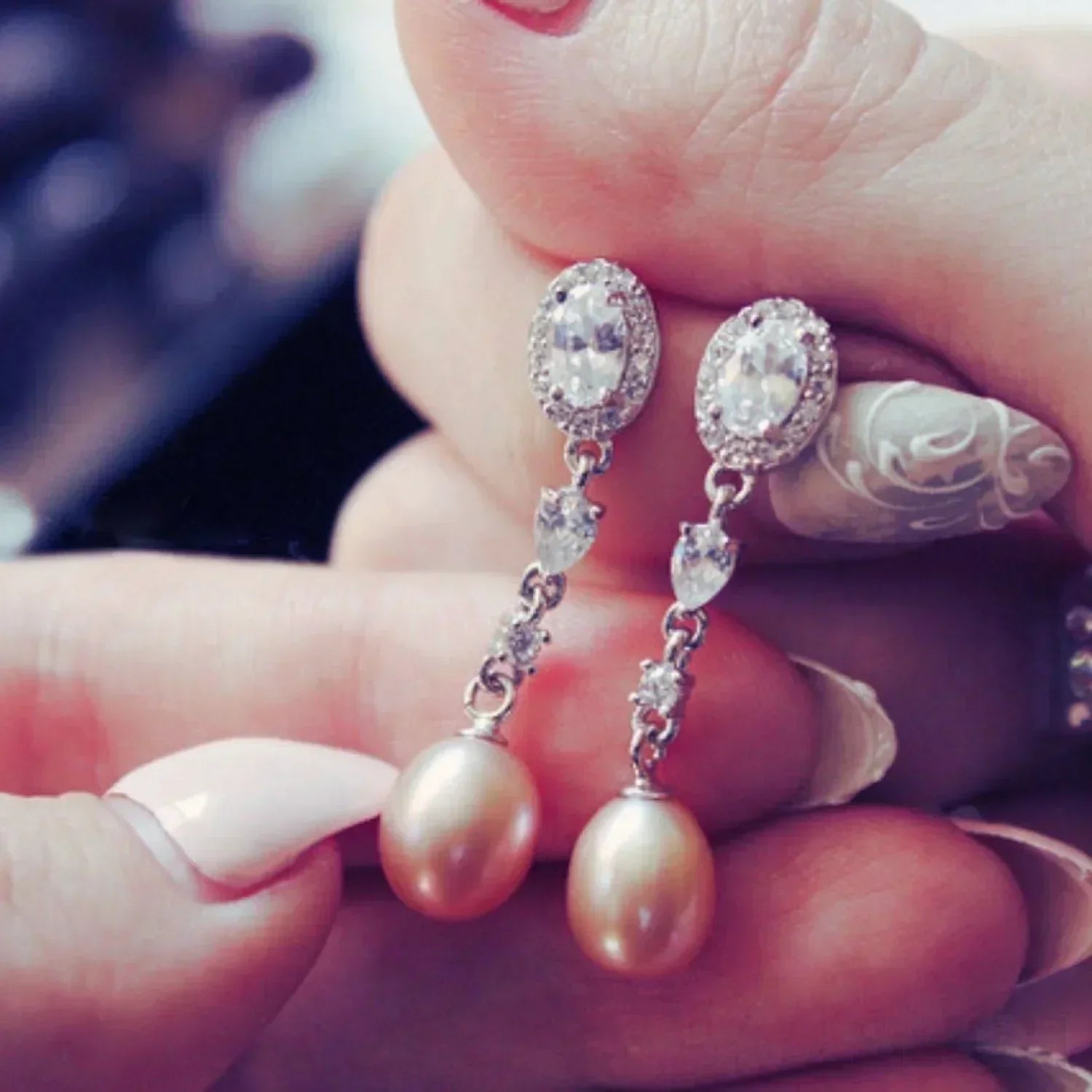Oval Sterling Silver Long Pearl Earrings For brides and Bridesmaids Amy