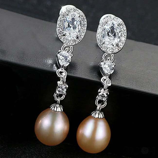 Oval Sterling Silver Long Pearl Earrings For brides and Bridesmaids Amy