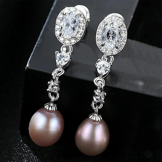 Oval Sterling Silver Long Pearl Earrings For brides and Bridesmaids Amy