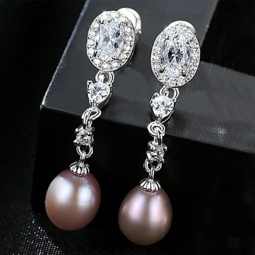 Oval Sterling Silver Long Pearl Earrings For brides and Bridesmaids Amy