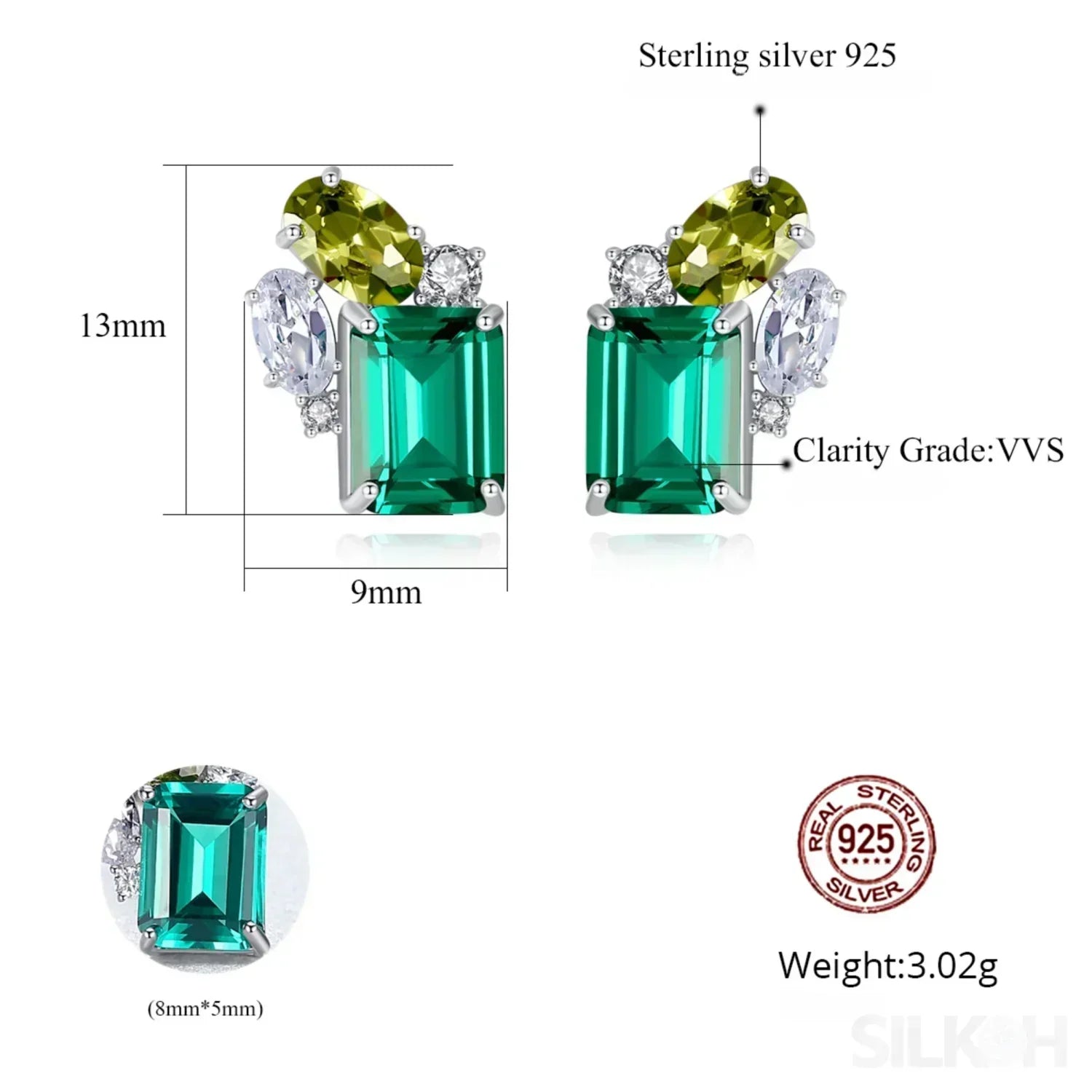 Rectangular Cut Sterling Silver Emerald Studs Earrings Anna
