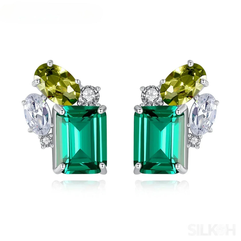 Rectangular Cut Sterling Silver Emerald Studs Earrings Anna