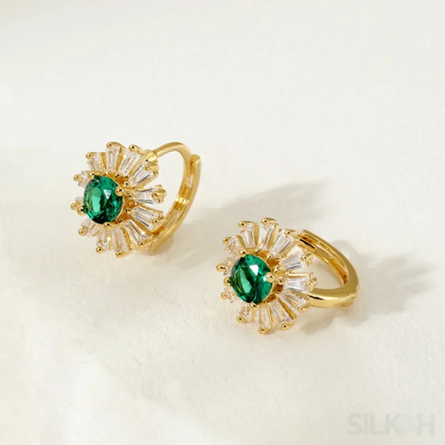 Retro 18K Gold Plated Sterling Silver Hoop Emerald Earrings Liv