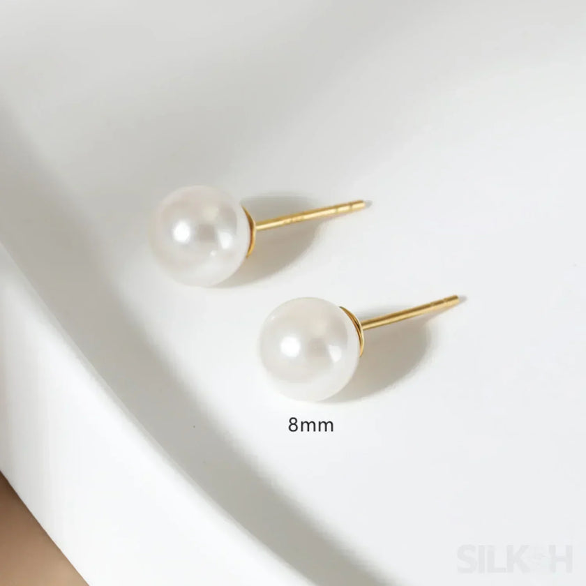 Round 18K Gold Plated Sterling Silver Pearl Stud Earrings Kya
