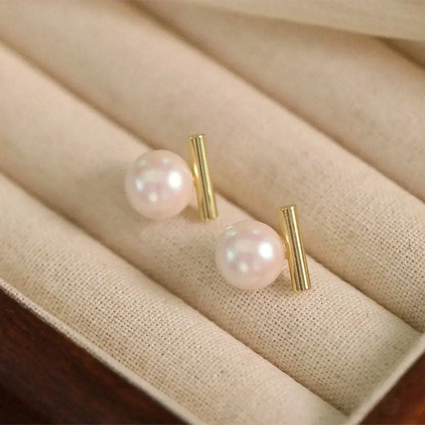 Round 18K Gold Sterling Silver Pearl Stud Bridal Earrings Gia