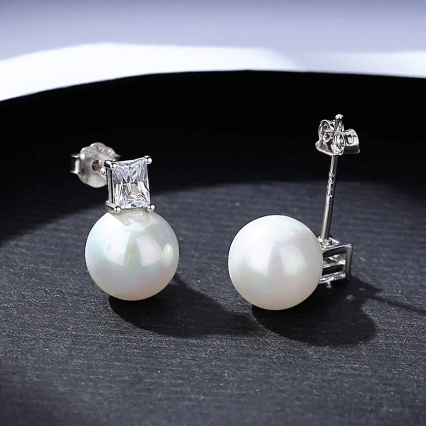 Round Sterling Silver CZ Pearl Stud Earrings Alyssa