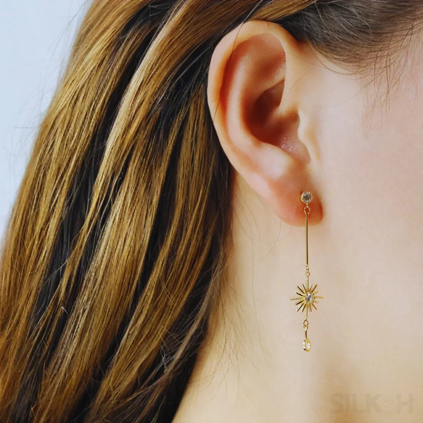 Star Shaped 14K Gold Plated Sterling Silver Long Stud Earrings Aurora