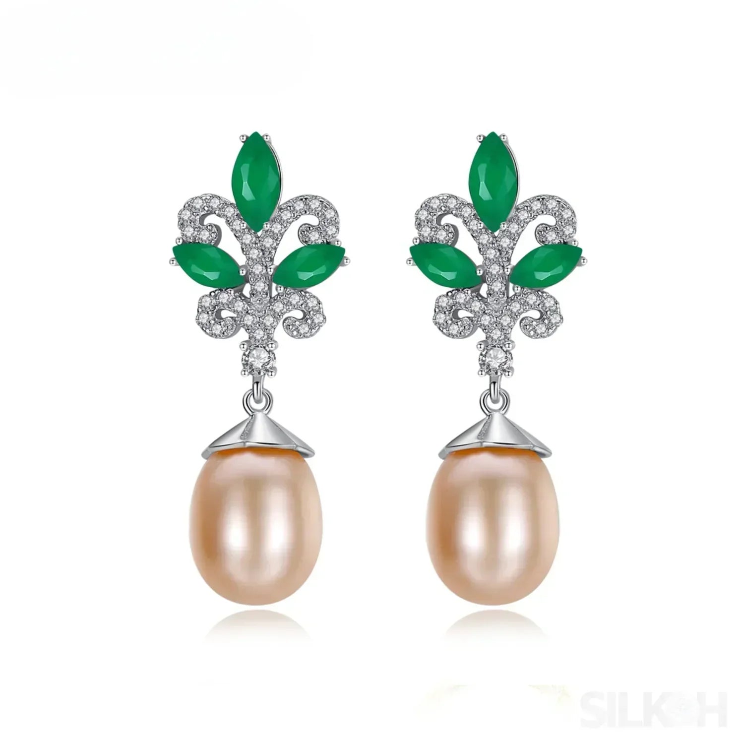 Sterling Silver Pearl Drop Emerald Leaf Earring Athena